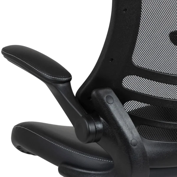 Emma and Oliver Mid-Back Black Mesh/LeatherSoft Ergonomic Drafting Chair with Flip-Up Arms