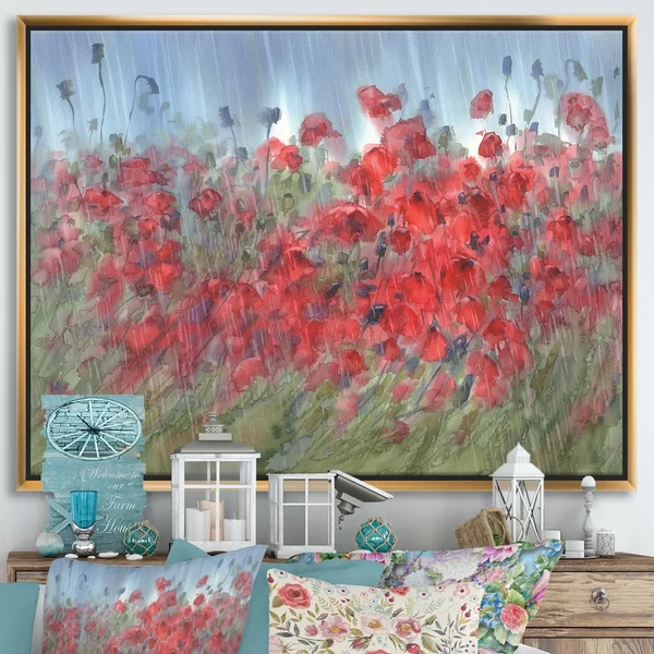 Designart 'Red Poppies in The Rain' Farmhouse Framed Canvas Wall Art Print - 32 in. Wide x 24 in. High - White