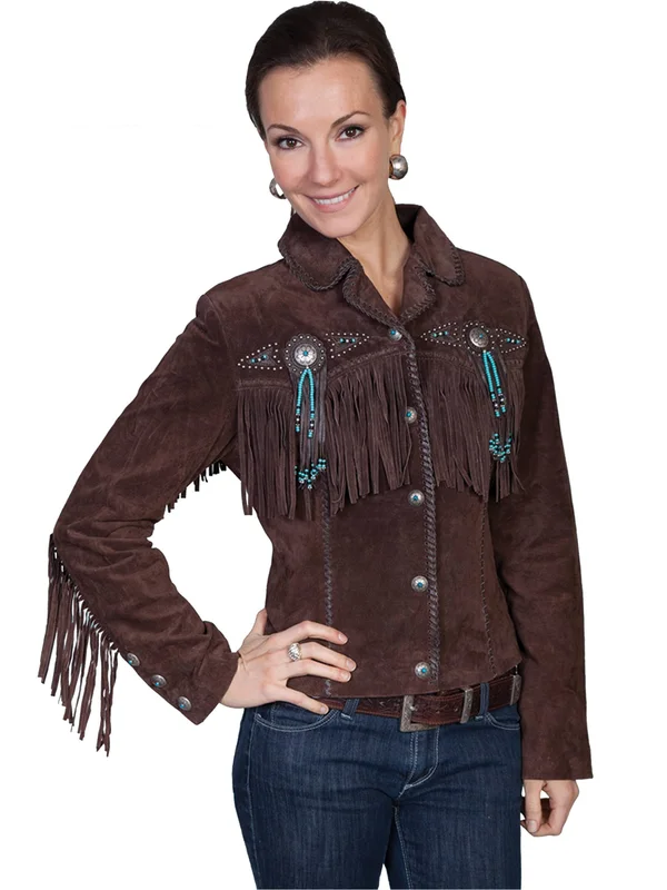 Scully Leather Womens Beaded Fringe Boar Suede Jacket Chocolate
