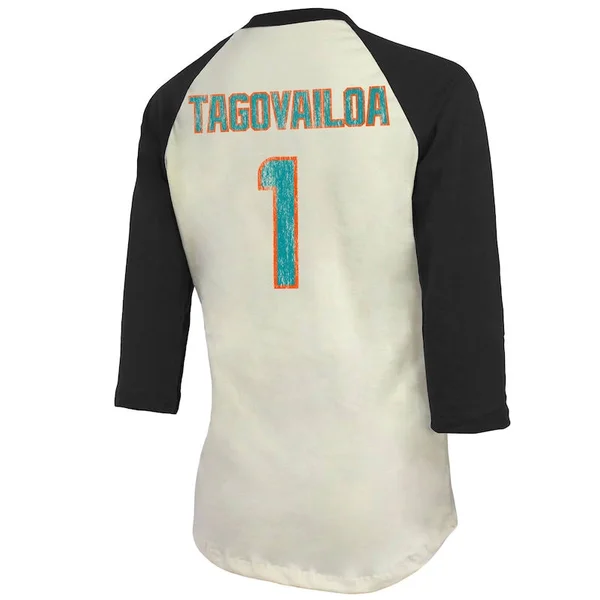 Women's Fanatics Branded Tua Tagovailoa Cream/Black Miami Dolphins Vintage Player Name & Number Raglan 3/4-Sleeve T-Shirt Si