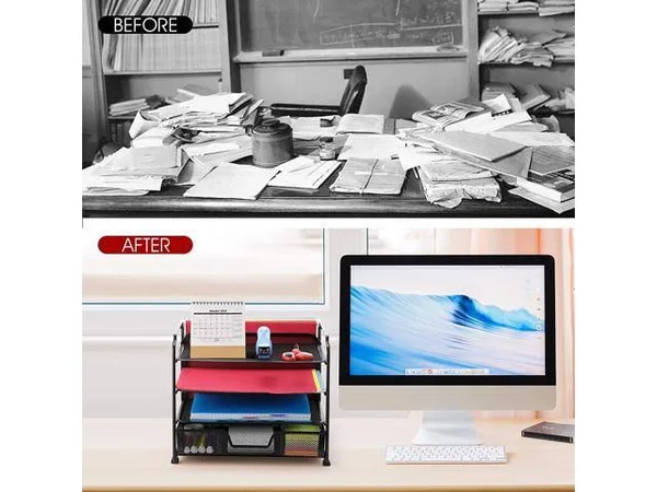 Simple Trending 4-trays Mesh Office Supplies Desk Organizer, Desktop Hanging File Holder with Drawer Organizer and Vertical Upri