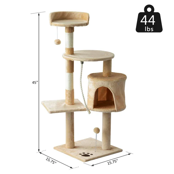 PawHut 45x22 Plush Sturdy Interactive Cat Condo Tower Scratching Post Activity Tree House - Beige - White