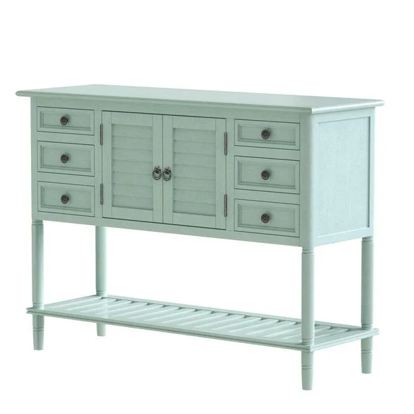 Solid Wood Console Table with 6 Drawers 1 Cabinets - 1 Shelf, Light Green - MDF