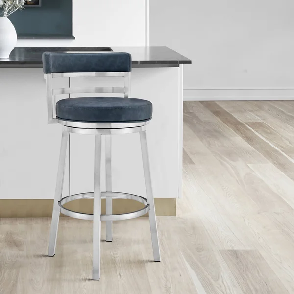 Armen Living LCMABABSBLU30 Madrid Contemporary 30x22 Counter Height Barstool in Brushed Stainless Steel Finish and Blue Faux Lea