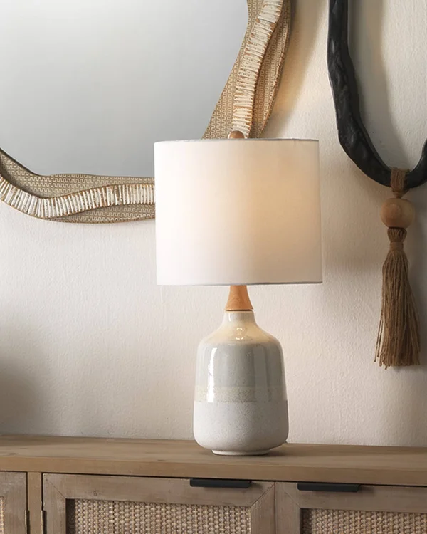 Jamie Young Alice Table Lamp in Cream Light Blue Ceramic with Drum
