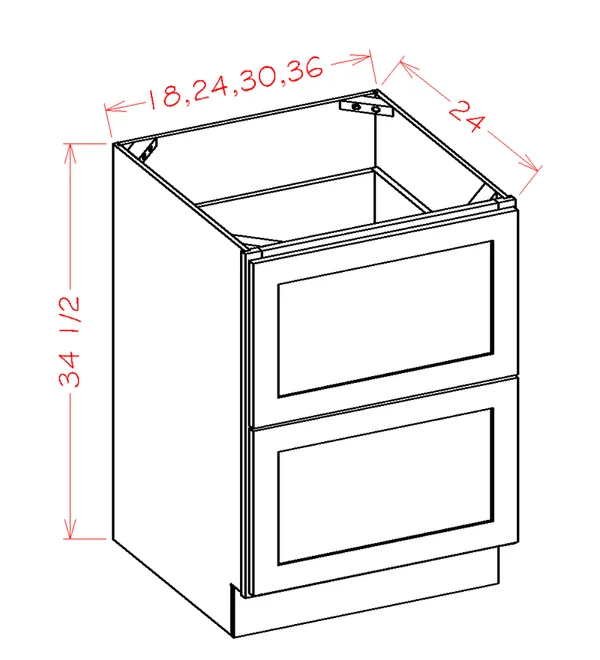 Wilora Hawthorne Shaker Cinder 24x22 x 34.5x22 x 24x22 2 Drawers Base Cabinet - Solid Birch with Veneered MDF Center Panel SC-2D