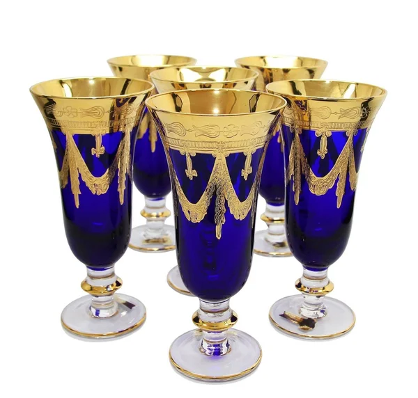 Interglass Italy Set of 6 Crystal Glasses, 24K Gold-Plated (Champagne Flutes, Blue)