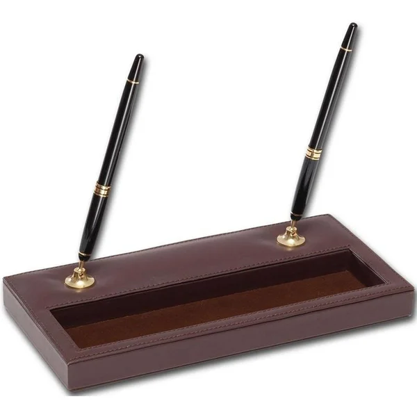 Dacasso Chocolate Brown Leather Double Gold Accents Pen Stand