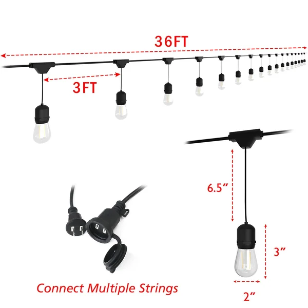 Outdoor LED String Lights Commercial Grade Weatherproof Patio Lights - Black - Length: 19.5ft
