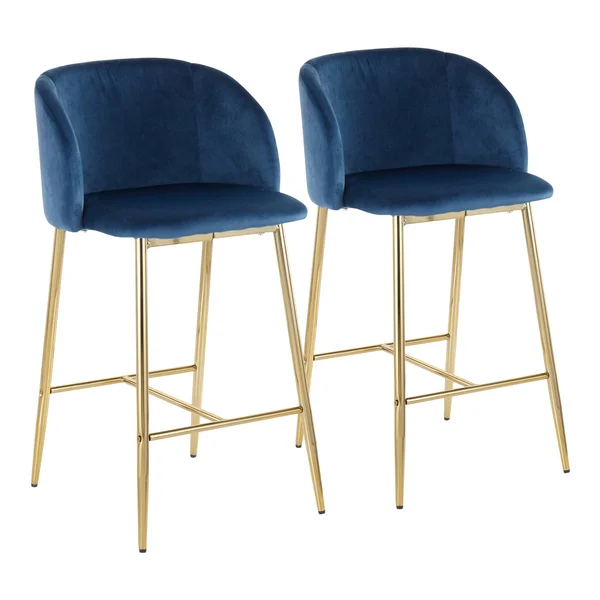 LumiSource Fran Contemporary Counter Stool - Set of 2 - Chrome, Blue Velvet