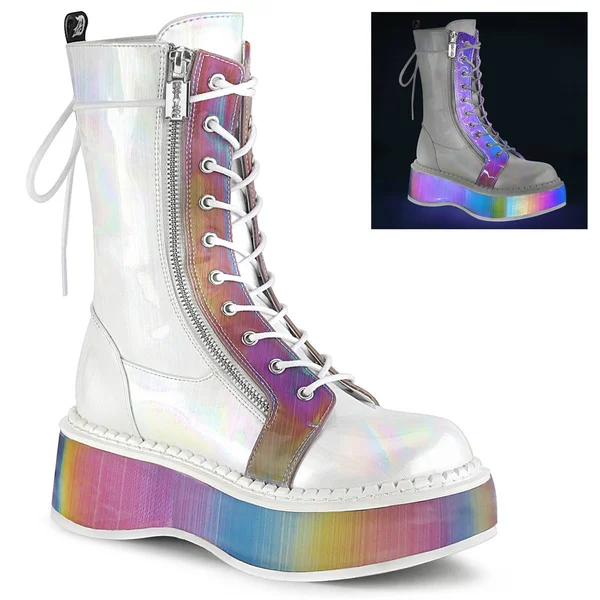 Demonia Women's Emily 350 UV Platform Mid Calf Boot, Size: 10, Black Patent/UV Neon Pink