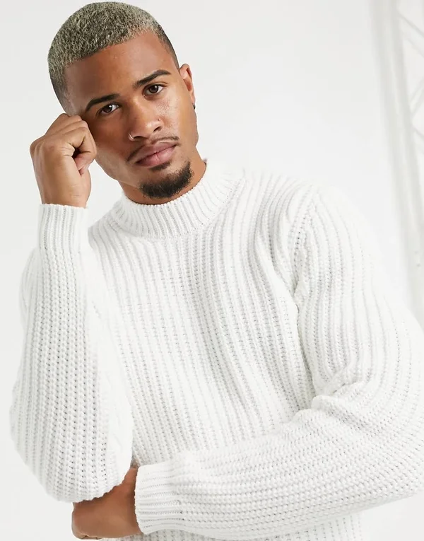 ASOS Design Heavyweight Fisherman Rib Turtleneck Sweater in White