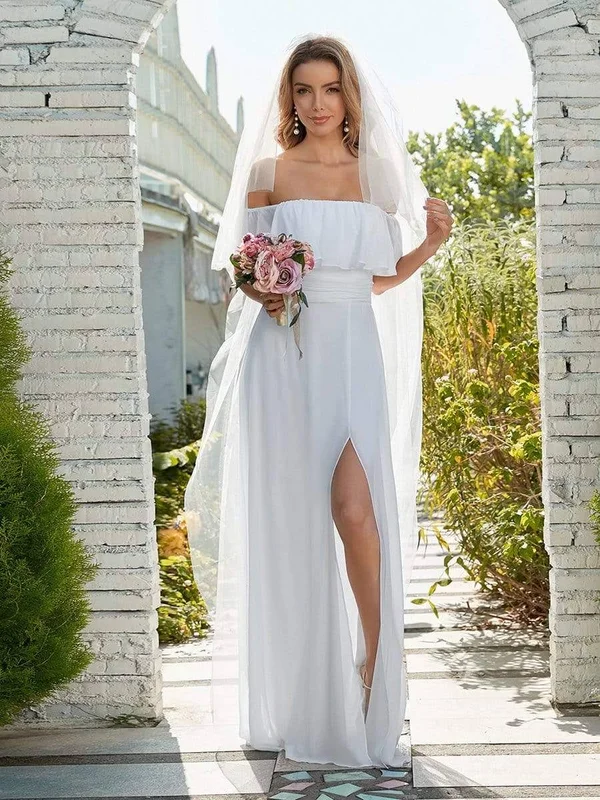 Ever-pretty White Ruffle Off Shoulder High Split Elopement Dress for Beach Wedding Adult Female Polyester