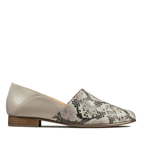 Clarks Pure Tone Womens Leather Slip on Flats, Grey Snake
