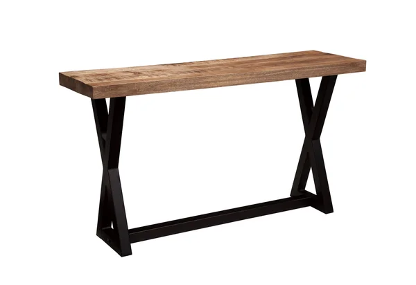 Wooden Top Sofa Table with x Frame Metal Base, Light Brown and Black