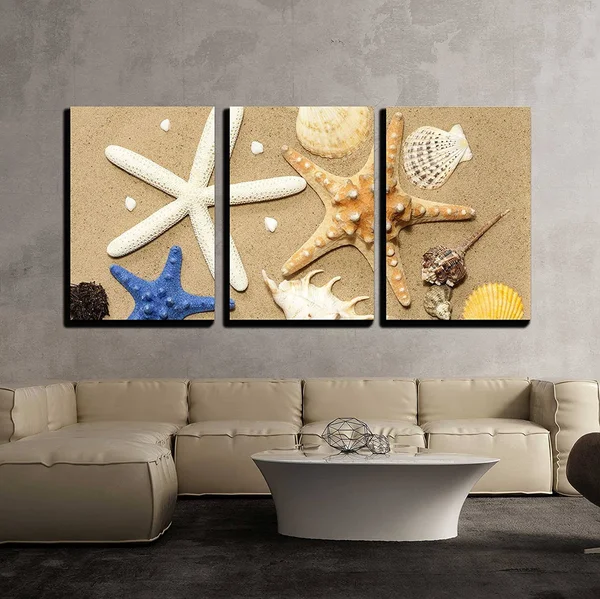 Wall26 - 3 Piece Canvas Wall Art - Shells and Starfish on Beach on Sand Background Abstract - Modern Home Decor Stretched and Fr