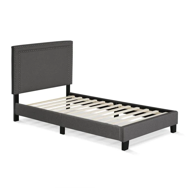 Furinno Laval Double Row Nail Head Bed Frame, 12pc Slat Style, Stone, Twin