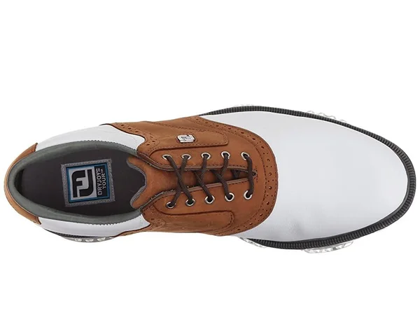 DryJoys Men's Tour Golf Shoes Spiked Saddle in White - Bomber Taupe Size 9 N
