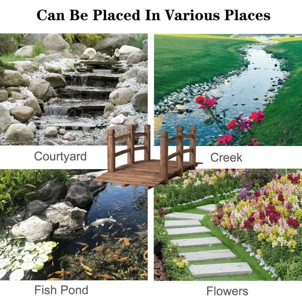 Costway 5& Wooden Bridge Stained Finish Decorative Solid Wood Garden Pond Arch Walkway