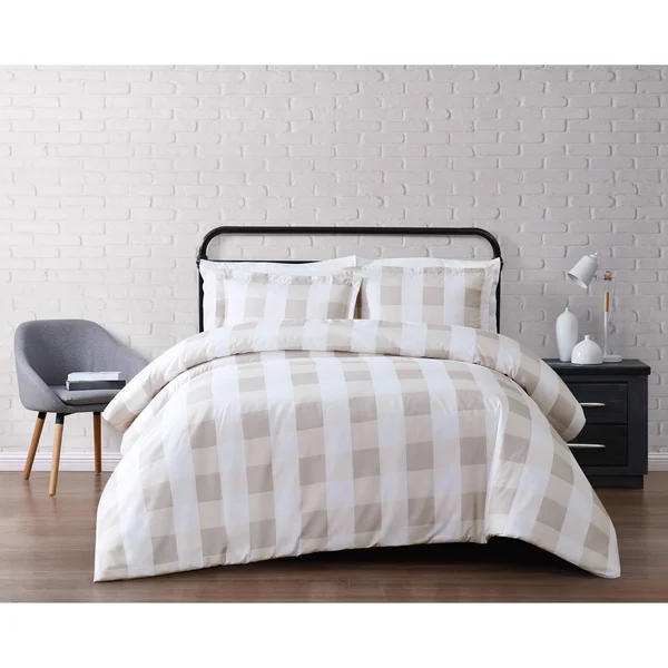Truly Soft Everyday King Buffalo Plaid Duvet Cover Set Khaki/White