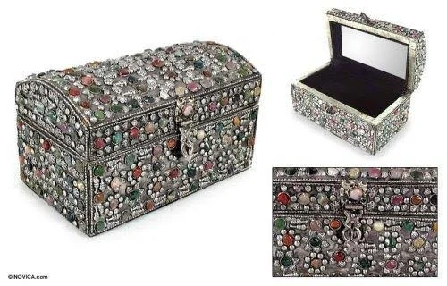 NOVICA Repousse Mango Wood Jewelry Box - Multicolor 'Rainbow Treasures'
