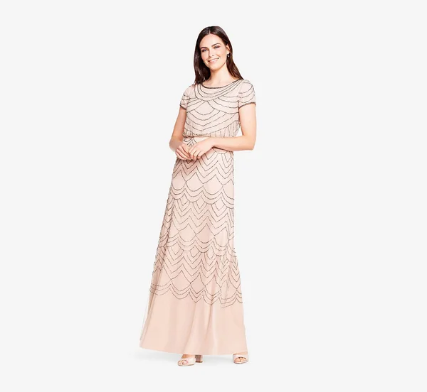 Adrianna Papell Short Sleeve Beaded Blouson Gown - Taupe/Pink