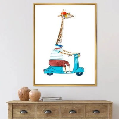 Giraffe Dressed Up Wearing Helmet and Riding Scooter - Painting on Canvas East Urban Home Format: Gold Framed Canvas - Size: 20x2