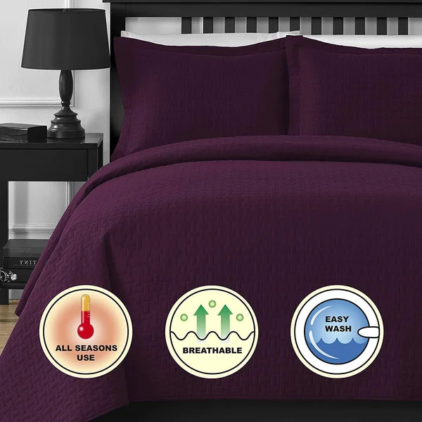 Comfy Bedding Frame Thermal Pressing 3-Piece Oversize Coverlet Set - Plum - King