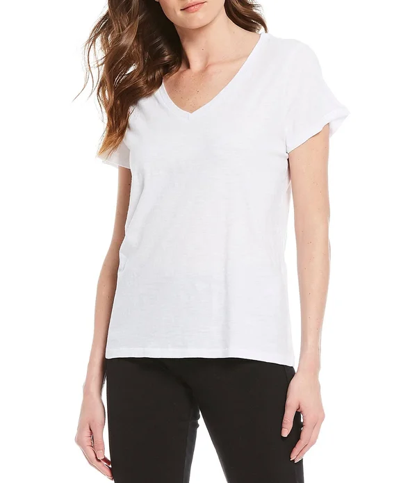 Eileen Fisher V-Neck Organic Cotton Tee - White, Women's, XL