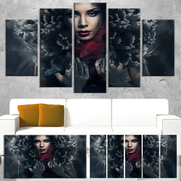 Design Art Passionate Woman in Feather Hood - Art Portrait Canvas Print, 60 x 28 5 Equal Panel