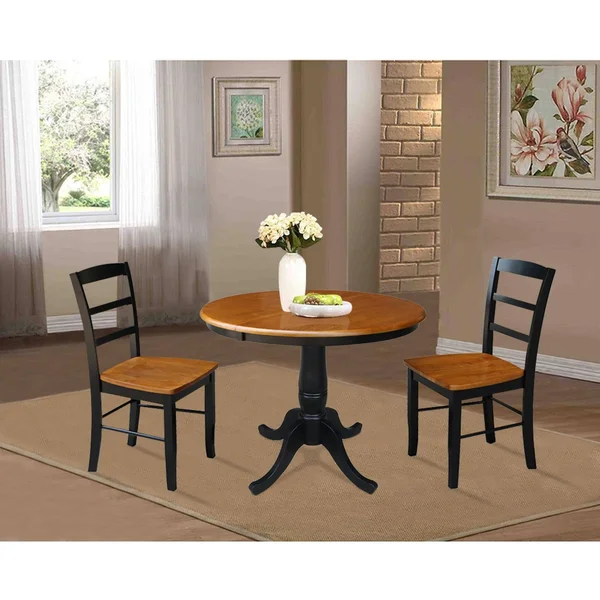 International Concepts 36x22 Round Top Pedestal EXT Table with 12x22 Leaf and 2 RTA Madrid Chairs - Black/Cherry