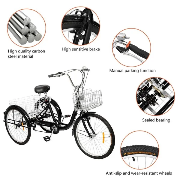Adult Tricycle 26x22 Wheels, 7 Speed Men's Women's Bike - Black