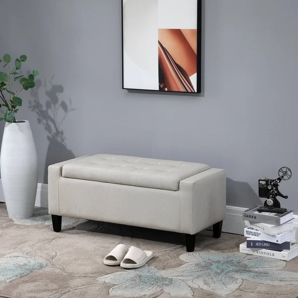 HOMCOM Linen Storage Ottoman Bench Storage Chest Tufted Ottoman Cube with Flipping Top, Beige