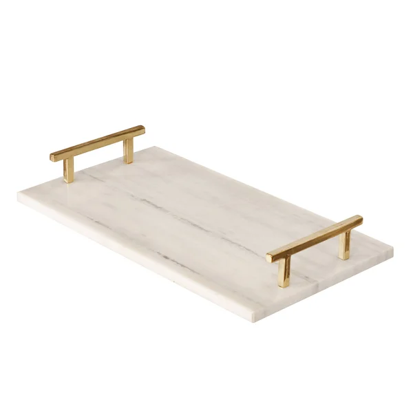 Worlds Away White Marble Lincoln Tray - Brass