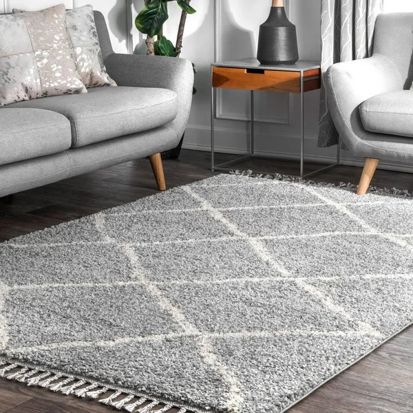 nuLOOM Jessie Moroccan Lattice Shag Off-White 10 ft. Square Rug, Beige