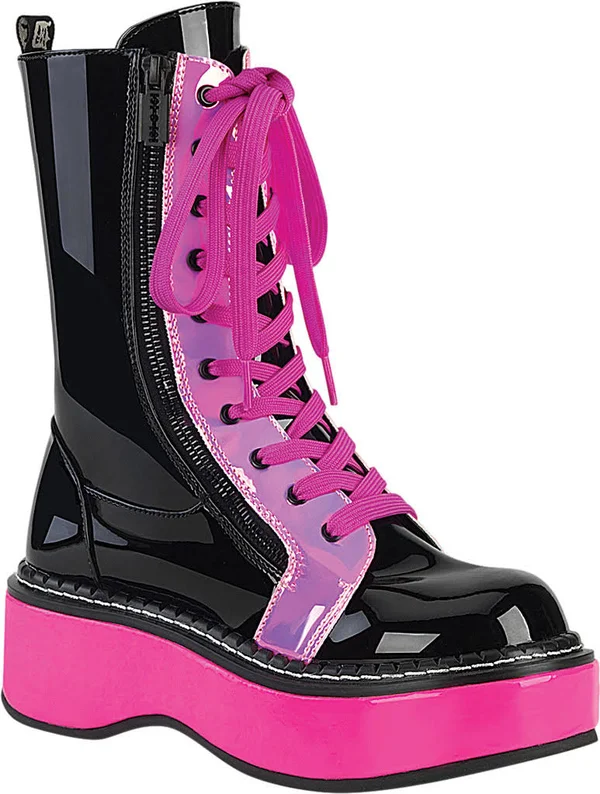 Demonia Women's Emily 350 UV Platform Mid Calf Boot, Size: 10, Black Patent/UV Neon Pink