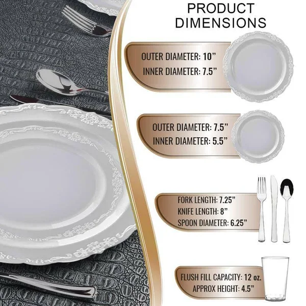 20 Settings, Clear Vintage Round Disposable Plastic Wedding Value Set