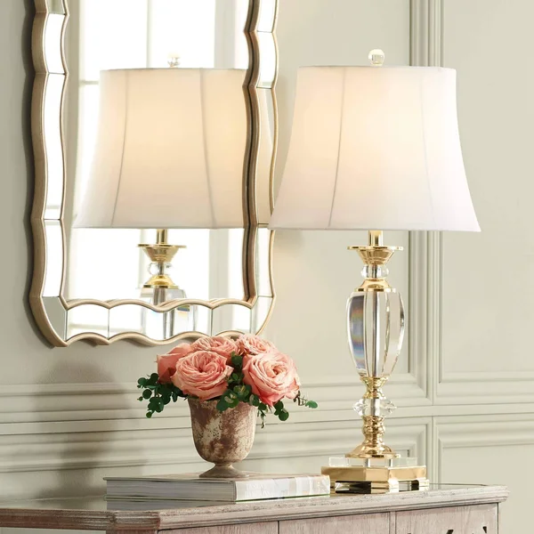Vienna Full Spectrum Traditional Table Lamp Faceted Crystal and Brass Bell Fabric Shade for Living Room Family Bedroom Bedside