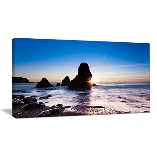 Design Art 'Sunset at Rodeo Beach Panorama' Photographic Print on Wrapped Canvas - Size: 28 inch x 60 inch, Blue