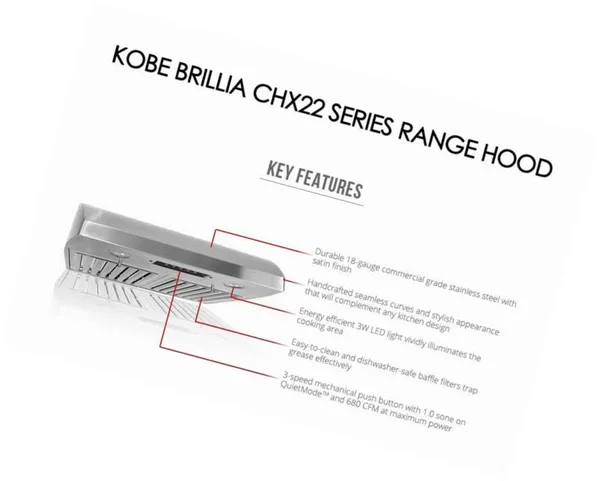 Kobe CHX2236SQB-1 Brillia 36-Inch Under Cabinet Range Hood, 3-Speed, 680 CFM, LED