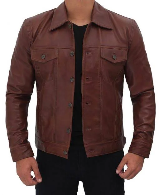 Brown Leather Trucker Jacket for Men by Fan Jackets