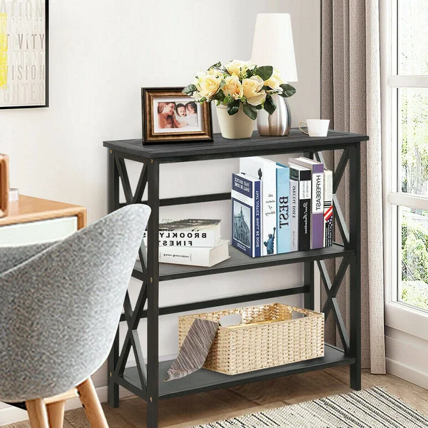 3-Tier Wooden Open Shelf Bookcase with X-Design-Black