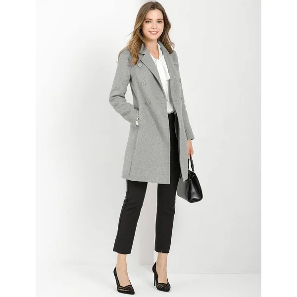 Women's Notch Lapel Double Breasted Slit Hem Long Coat - Apricot