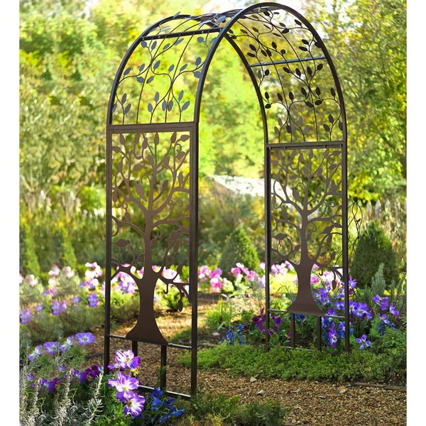 Metal Garden Arbor with Tree of Life Design, Green