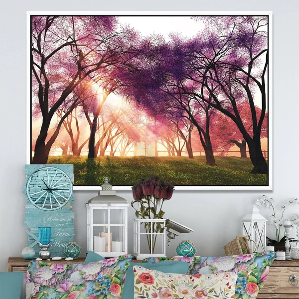 Designart 'Cherry Blossoms Japan Garden' Landscape Framed Canvas Art Print (42 in. Wide x 32 in. High) - Black, Design Art