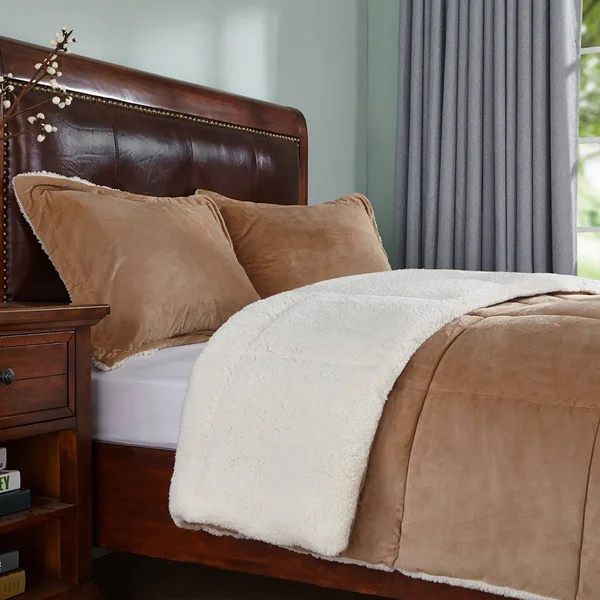 Peace Nest Reversible Sherpa Grey Queen Down Alternative Comforter Set