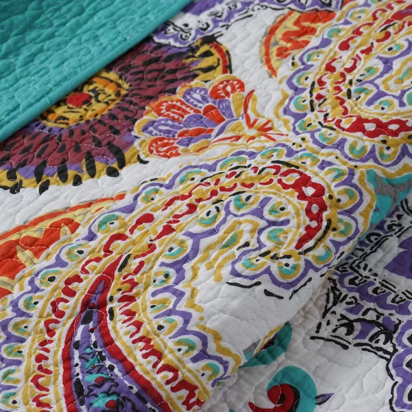 Benjara BM42333 Cotton Quilt Set with Paisley Print Teal Blue - Twin Size - 2 Piece