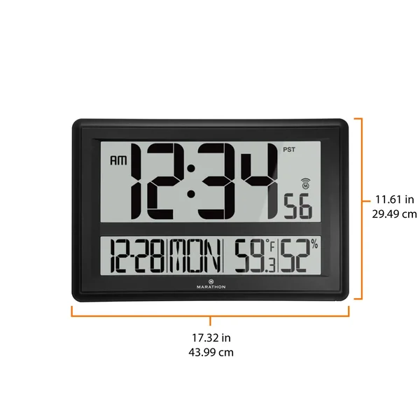 Marathon CL030056SV Jumbo Atomic Wall Clock with Temperature and Humidity, 17 x 11 inches