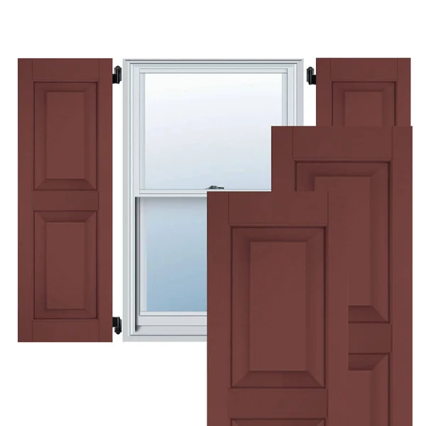 Ekena Millwork 18 in. x 25 in. Exterior Real Wood Sapele Mahogany Raised Panel Shutters Pair Cottage Red