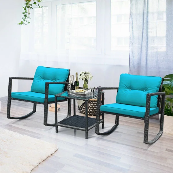 3 Pcs Patio Rattan Set Rocking Chair Cushioned Sofa Garden Furniture-Blue